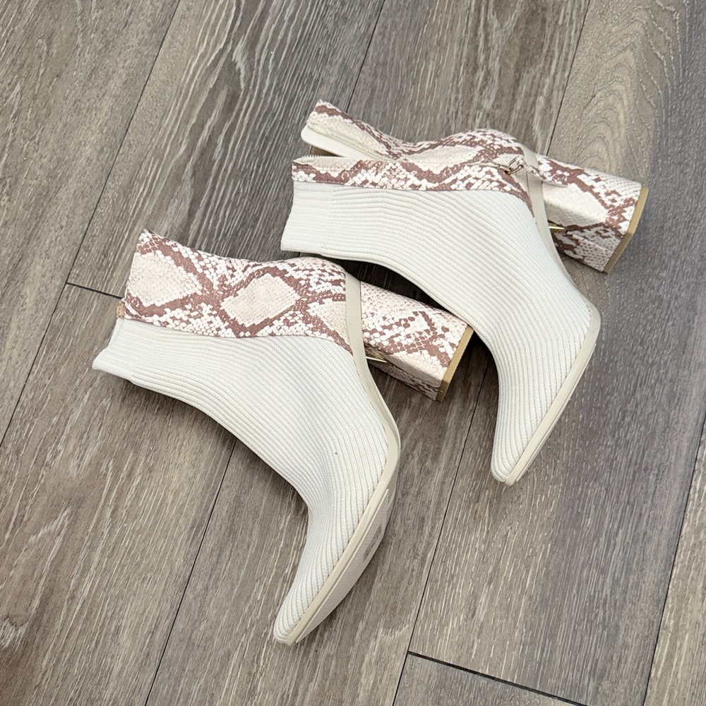 Pashion Footwear Cream Ribbed Sock Booties with Brown Snake-Print Heel - Picture 2 of 3